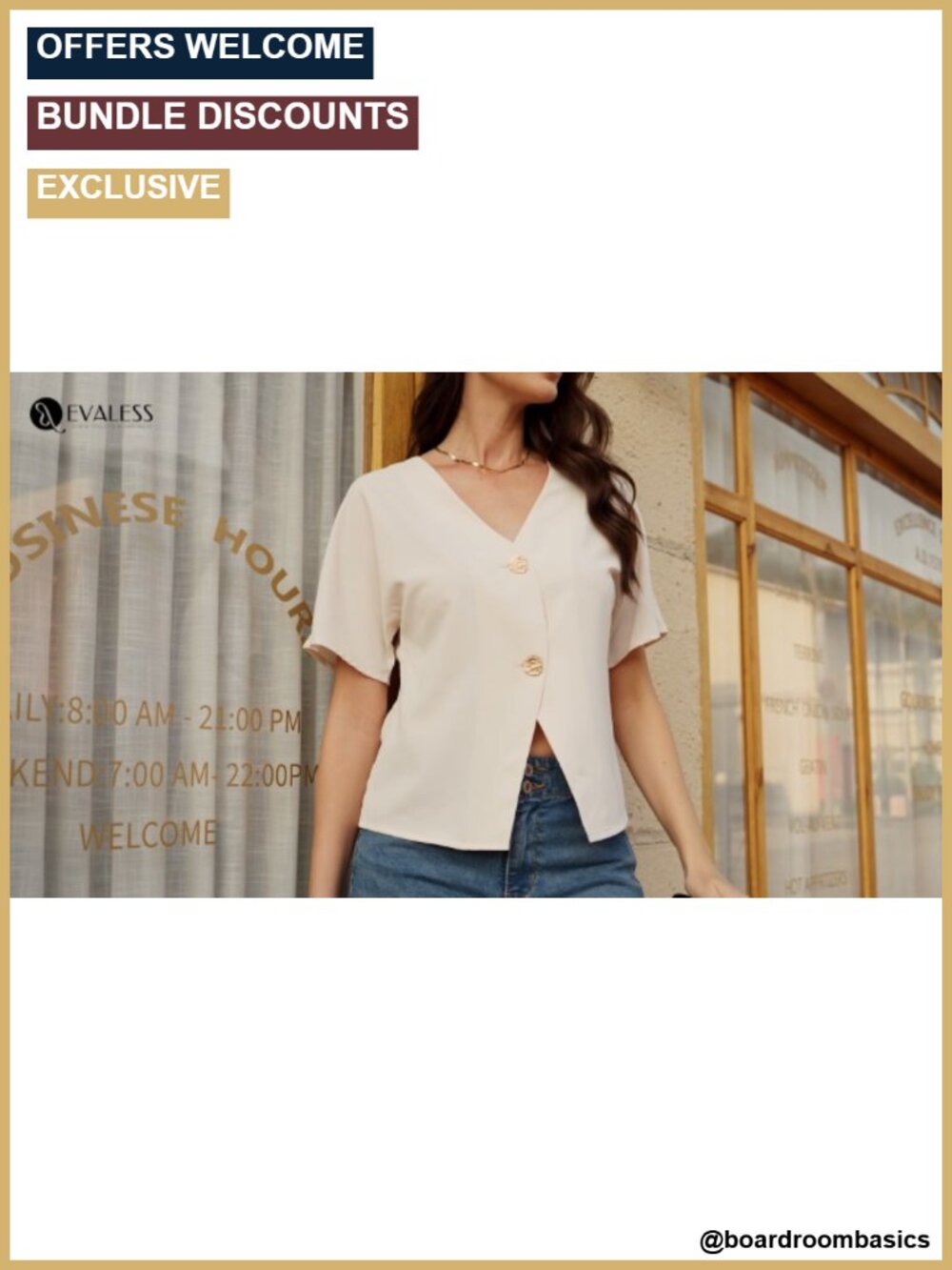 EVALESS Business Casual Blouse Short Sleeve V-Neck Gold Buttons Asymmetric Hem - Picture 6 of 6